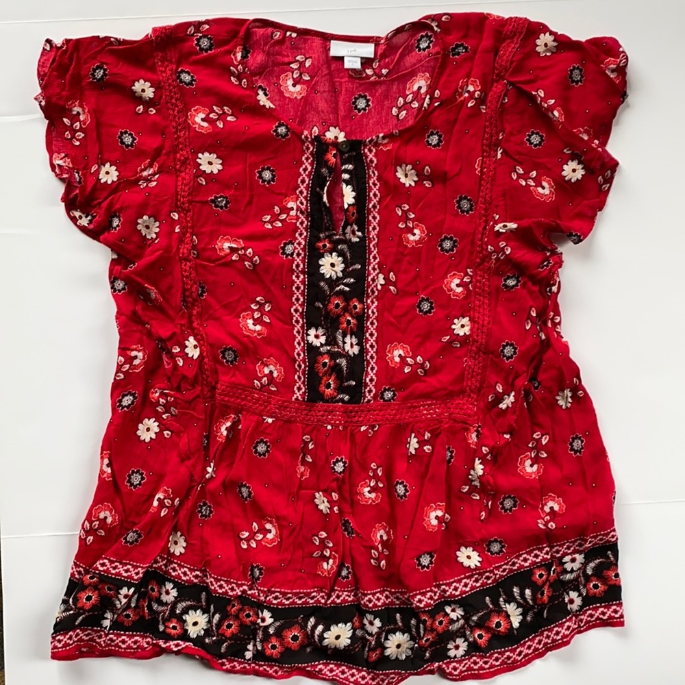 J Jill red flowered blouse. Size L.